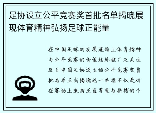 足协设立公平竞赛奖首批名单揭晓展现体育精神弘扬足球正能量
