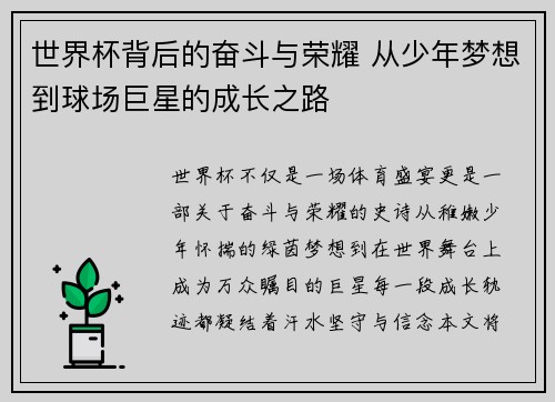 世界杯背后的奋斗与荣耀 从少年梦想到球场巨星的成长之路 世界杯背后的奋斗与荣耀 从少年梦想到球场巨星的成长之路