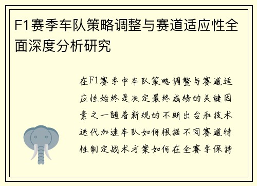 F1赛季车队策略调整与赛道适应性全面深度分析研究